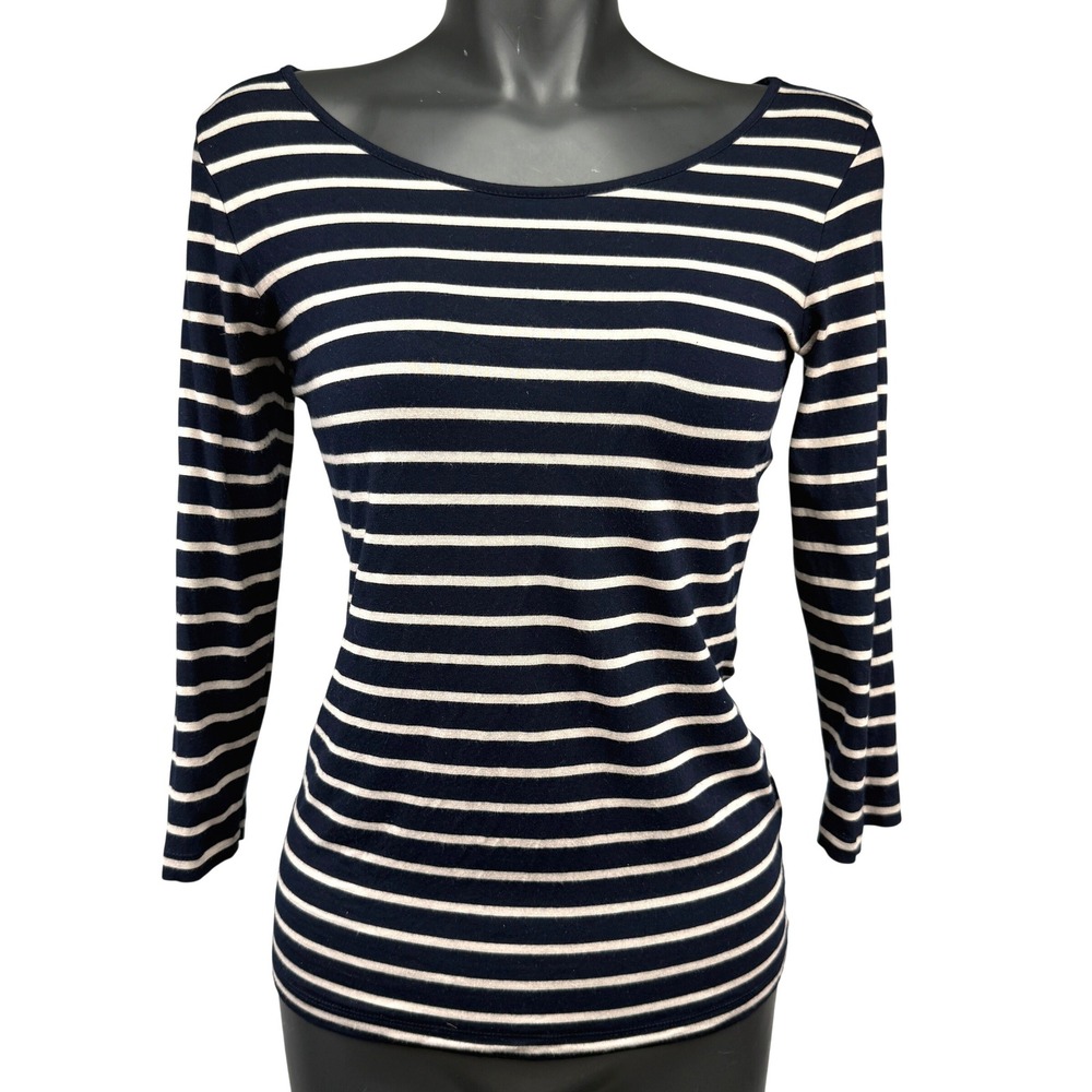 LAURÈL by ESCADA Navy Cream Stripe Boatneck Nautical Stretch 3/4 Sleeve Top US 4